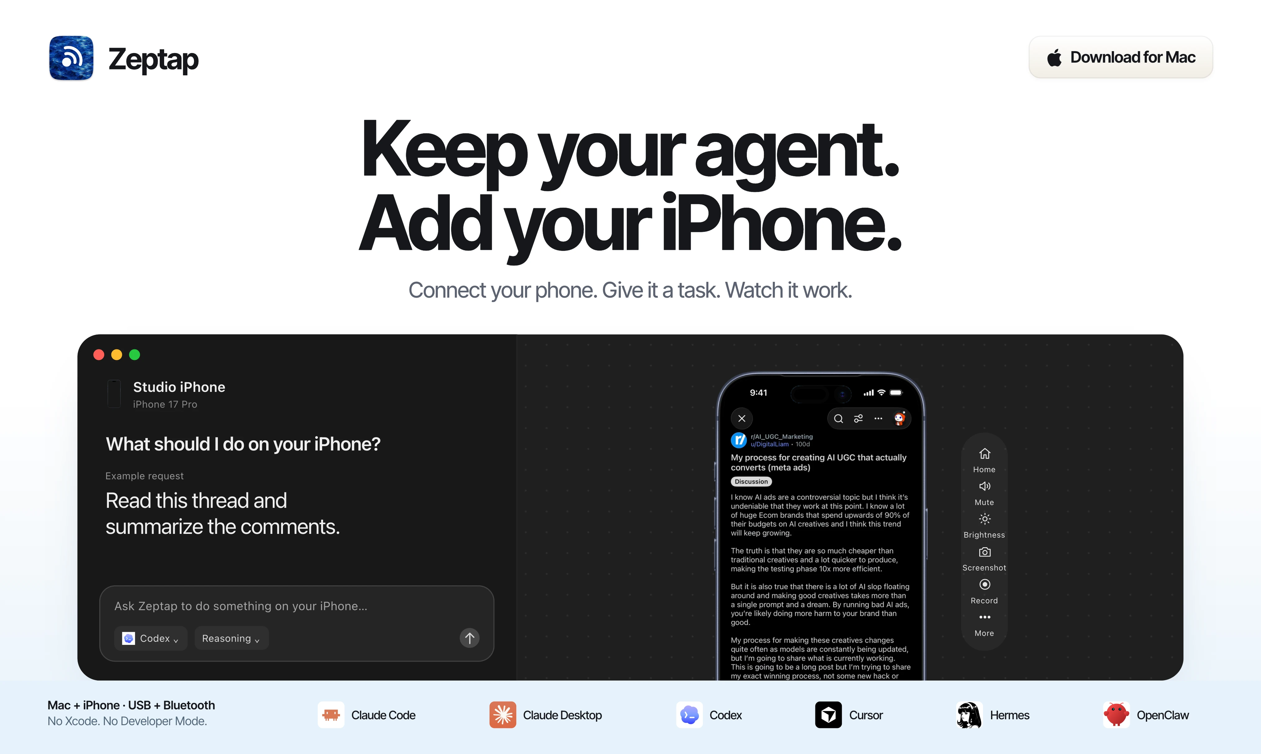 Zeptap on a Mac: the agent chat beside a connected iPhone, with an example request to read a thread and summarize the comments.