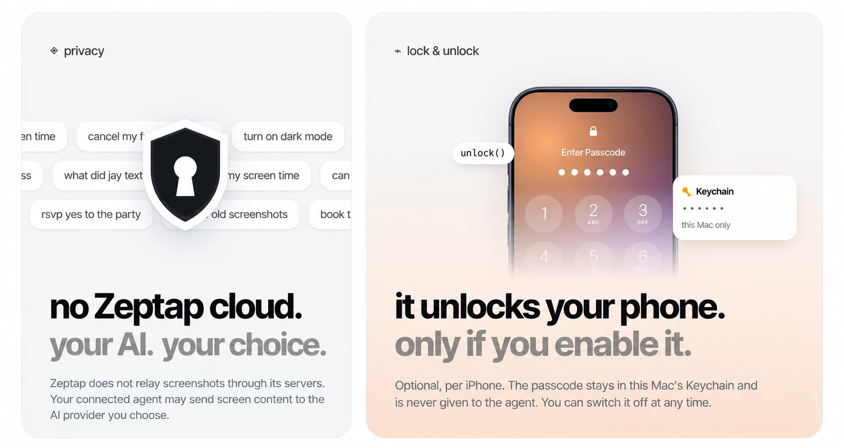 Zeptap privacy and unlock controls: no Zeptap cloud relay for screenshots, and optional unlocking with the passcode kept in the Mac's Keychain, switchable per iPhone.