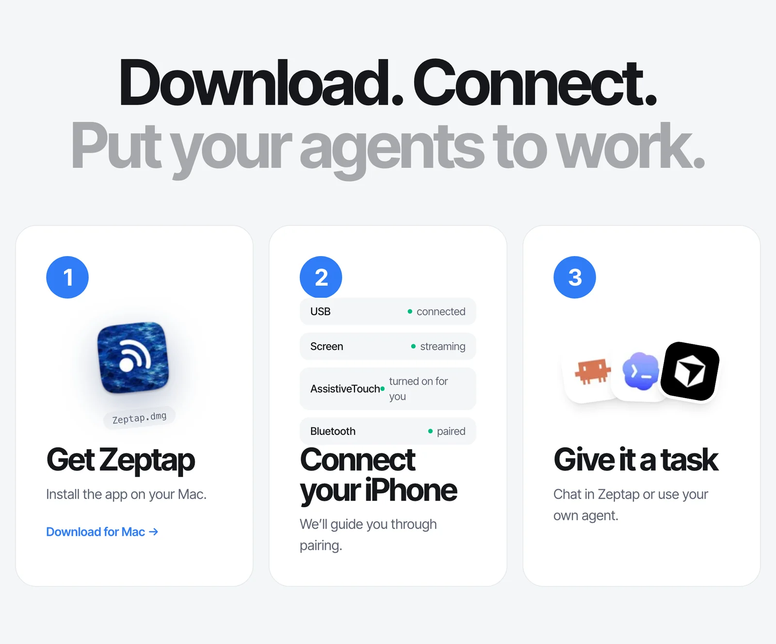 Three setup steps: get Zeptap for Mac, connect your iPhone over USB and Bluetooth, and give your agent a task.