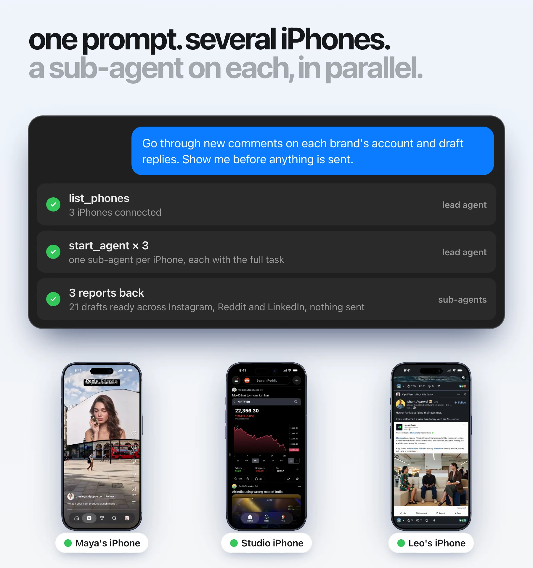 Zeptap's lead agent lists three connected iPhones, starts a sub-agent on each, and gets three reports back with reply drafts for Instagram, Reddit and LinkedIn.