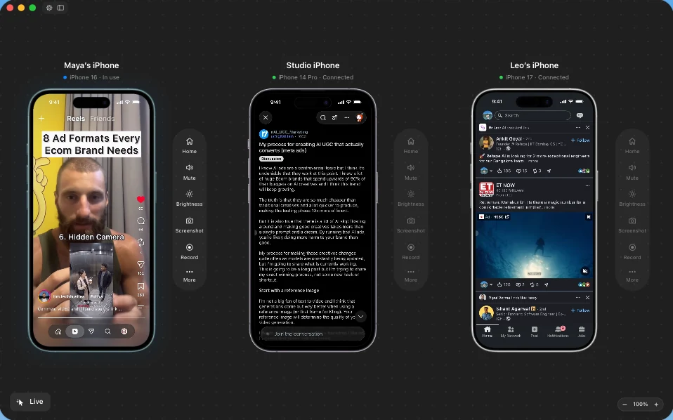 The Zeptap Mac app with three iPhones connected at once: an Instagram Reel, a Reddit thread and LinkedIn, each on its own phone.